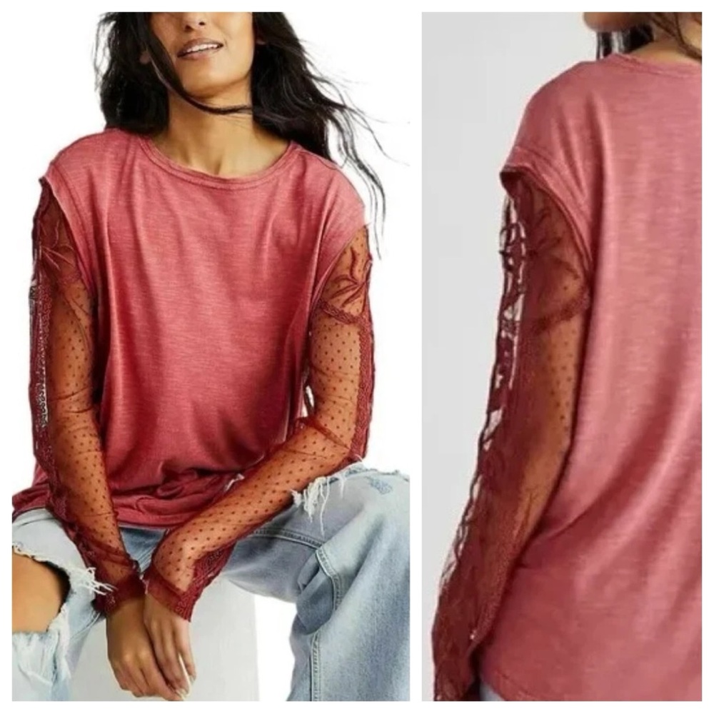 Free People Billie Jean Twofer Tee Floral Lace Sleeves Large RARE HTF